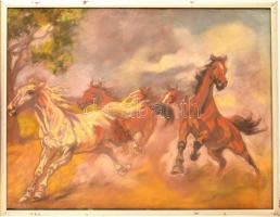 Benyovszky István (1898-1969): Vágtató lovak. Pasztell, papír, jelzett, üvegezett keretben, 42×55 cm