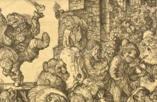 Szabó Vladimir (1905-1991): Táncolók. Rézkarc, papír, jelzett, üvegezett keretben, 19,5×29 cm