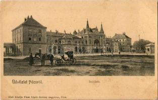1907 Pécs, Indóház, Vasútállomás, fiáker. Kiadja Fürst Lipót 5545.