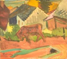 Szabados Jenő (1911-1942): Borjú az utcán. Akvarell, papír, jelzett, üvegezett keretben, 16×17,5 cm