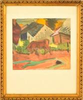 Szabados Jenő (1911-1942): Borjú az utcán. Akvarell, papír, jelzett, üvegezett keretben, 16×17,5 cm