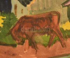 Szabados Jenő (1911-1942): Borjú az utcán. Akvarell, papír, jelzett, üvegezett keretben, 16×17,5 cm