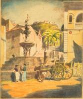 Bajor Ágost (1892-1958): Taormina. Színezett rézkarc, papír, jelzett, üvegezett keretben, 19,5×16,5 cm
