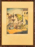 Bajor Ágost (1892-1958): Taormina. Színezett rézkarc, papír, jelzett, üvegezett keretben, 19,5×16,5 ...