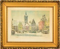 W. Hilfert jelzéssel: Trier - Hauptmarkt. Színezett rézkarc, papír, üvegezett keretben, 28×38 cm