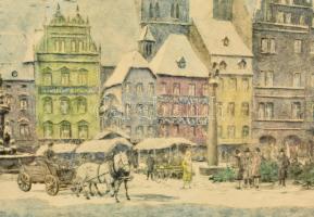 W. Hilfert jelzéssel: Trier - Hauptmarkt. Színezett rézkarc, papír, üvegezett keretben, 28×38 cm