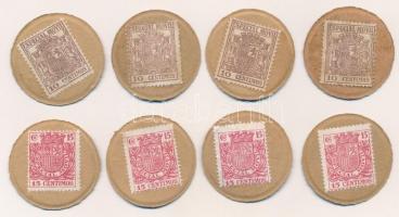 Spanyolország ~1930. 10c (4x) + 15c (4x) bélyeges szükségpénz T:I-  Spain ~1930. 10 Centimos (4x) + 15 Centimos (4x) emergency stamp money C:AU