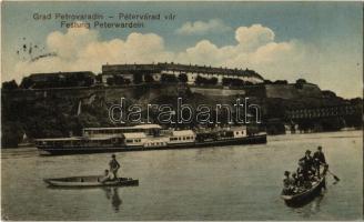 1914 Újvidék, Novi Sad; Pétervárad vár, hajóhíd, MFTR Imre gőzhajó. Montázs evezős csónakokkal. Singer kir. udvari fényképész kiadása / Peterwardein / Petrovaradin castle, pontoon bridge, steamship. Montage with rowing boats (EK)