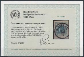 9kr HP IIb sötétkék, kiemelt középrésszel "SEMLIN" Certificate: Steiner 9kr HP IIb dark bl...