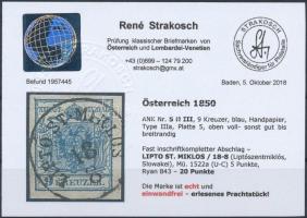 9kr HP IIIa kék "LIPTO ST. MIKLOS" Certificate: Strakosch 9kr HP IIIa blue "LIPTO ST....