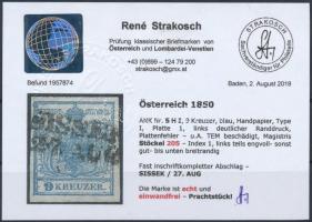 9kr HP I blue, margin piece, Magistris 205 "SISSEK" Certificate: Strakosch 9kr HP I kék, í...