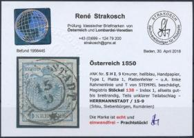 9kr HP I light blue, Magistris 138 "HERRMANNSTADT" Certificate: Strakosch 9kr HP I világos...