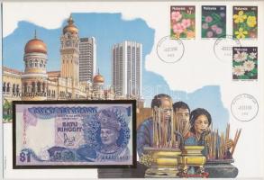 Malajzia 1981-1983. 1R borítékban, alkalmi bélyeggel és bélyegzéssel T:I  Malaysia 1981-1983. 1 Ringgit in envelope with stamps and cancellations C:UNC