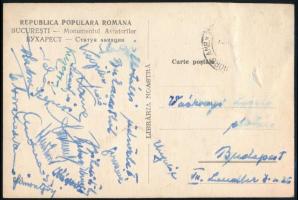 1953 Magyar asztaliteniszezők aláírásai a vb-ről küldött levelezőlapon: Sidó, Kóczián, Gyetvai, stb.