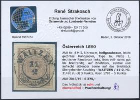 6kr HP light greyish brown, margin piece on yellowish paper "WAITZEN" Certificate: Strakos...