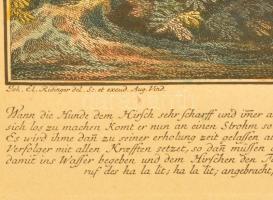 cca 1800 Szarvasvadászat, Johann Elias Ridinger festménye után, színezett mélynyomás, üvegezett kere...
