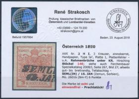 3kr HP cinnabar, plate flaw on the frame "SEMLI(N)" Certificate: Strakosch 3kr HP Ia cinób...