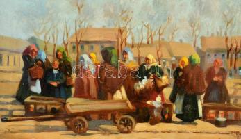 Jelzés nélkül: Falusi vásár. Olaj, vászon-falemez, üvegezett keretben, 12×15,5 cm