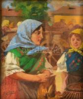 Pállya Celesztin (1864-1948): Mennyecskék a vásárban. Olaj, falemez, jelzett, üvegezett keretben, 15×13 cm