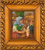 Pállya Celesztin (1864-1948): Mennyecskék a vásárban. Olaj, falemez, jelzett, üvegezett keretben, 15...