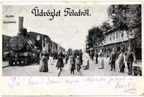 1901 Feled, Veladin, Jesenské; vasútállomás gőzmozdonnyal / Bahnhof / railway station, locomotive (EB)