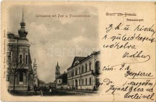 1903 Beszterce, Bistritz, Bistrita; Kórház utca, Posta és Pénzügyigazgatóság / Spitalgasse, Post und Finanzdirection / street view, post office and fincancial directorate  (EK)