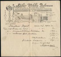 1922 Debrecen, Sáfár Miklós műlakatos, bronzműves, villamosvilágítási és vízvezetéki vállalata fejléces számlája