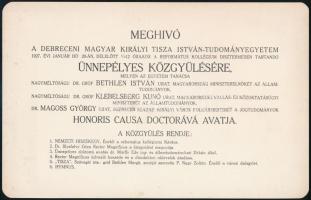 1927 Meghívó a Debreceni Magyar Királyi Tisza István Tudományegyetem ünnepélyes közgyűlésére, ahol Bethlen Istvánt, Kelbelsberg Kunót és Magoss Györgyöt honorius causa doctorrá avatják