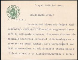 1939 Szeged, Szeged Szab. Kir. Város Főispánja fejléces kártyájára írt titkára levél