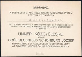 1924 Debrecen, Meghívó a Debreceni M. Kir. Tisza István Tudományegyetem ünnepi közgyűlésére, melyen honoris causa doctorrá avatják gróf Degenfeld Schonburg Józsefet