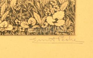 Ernst Peche (1885-1945): Madárének. Hidegtű, papír, jelzett, üvegezett keretben, 16×7,5 cm