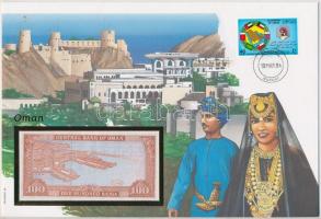 Omán 1987-1994. 100B, felbélyegzett borítékban, bélyegzéssel, német nyelvű leírással T:1  Oman 1987-1994. 100 Baisa in envelope with stamp and cancellation, with German description C:UNC