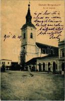 1911 Beregszász, Berehove; Református templom, liszt raktár, Hausmann üzlete. Kiadja Farkas J. W.L. (?) 1951a. / Calvinist church, shops (EK)