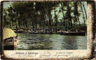 1906 Balaton, Halászat a Balatonon I. A halászok indulása, csónak Kamor felirattal (kopott sarkak / worn corners)