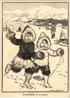Nanouk et sa soeur, Enfants du pole / Eskimo children, Greenlandic folklore, art postcard s: Rosa C. Petherick (14,7 cm x 10,5 cm)