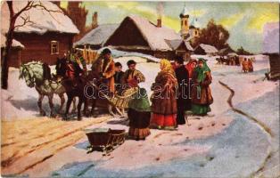 Lviv, Lwow; Weinachtsschlittenfahrt / Christmas day sleigh ride, Ukrainian folklore, art postcard, Olga Diakow & Co. (EK)