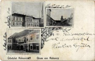 1899 Rohonc, Rechnitz; Evangélikus iskola, Úri utca, zárda / Schule, Herrengasse, Kloster / school, street, cloister. floral (Rb)