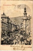 1907 Selmecbánya, Schemnitz, Banská Stiavnica; Kossuth Lajos tér, piac, Singer Ignátz üzlete. Joerges Á. özv. és fia kiadása / square, market, shops