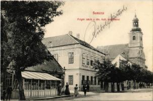 Somorja, Samorín; Polgári iskola, Római katolikus templom, üzlet / school, church, shop