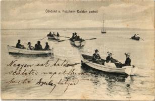1905 Keszthely, Csónakázók a Balaton partról nézve. Vasvári József kiadása