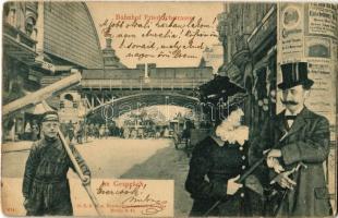 1904 Berlin, Bahnhof Friedrichstrasse, Im Gespräch / railway station, street view with advertising posters, omnibus. montage (EK)