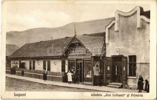 Lupény, Lupeni; községháza, Jiul Cultural Könyvkereskedés és saját kiadása / Libraria Jiul Cultural si Primaria / book shop with town hall