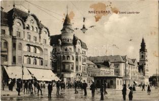 Nagyvárad, Oradea; Szent László tér, Fekete Sas Nagyszálloda, Vigadó Mozgó, Első Magyar Biztosító Intézet, Hitelbank / square, hotel,  insurance company, credit bank, cinema