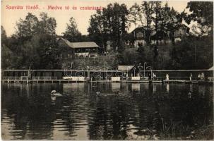 1909 Szováta-fürdő, Baile Sovata; Medve-tó és cukrászda, fürdőzők / lake and conectionery, bathing people