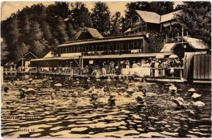 1910 Szováta-fürdő, Baile Sovata; Medve-tó fürdőzőkkel. Szovátai fényképész kiadása / lake with bathing people (kis szakadás / small tear)