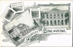 Szolnok, Főgimnázium, Városház, Tisza Vidéki Hitelintézet, megyeház, Sebő Nándor üzlete. Art Nouveau, floral