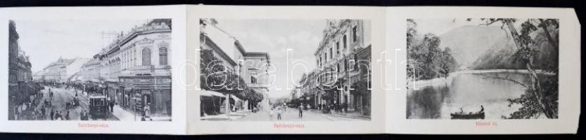 1915 Miskolc, Leporellolap 6 lappal: Gyógyszertár, villamos, Rosenberg Gyula üzlete, Széchenyi utca, Városház tér