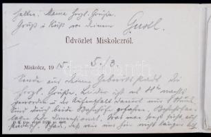 1915 Miskolc, Leporellolap 6 lappal: Gyógyszertár, villamos, Rosenberg Gyula üzlete, Széchenyi utca,...