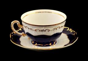 Zsolnay Pompadour teás csésze és csészealj, kézzel festett, kopásnyomokkal, jelzett