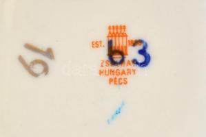 Zsolnay Pompadour teás csésze és csészealj, kézzel festett, kopásnyomokkal, jelzett